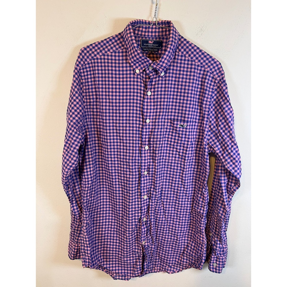 Vineyard Vines Mens Button Down Slim Fit Tucker Shirt Gingham Pink Blue Medium